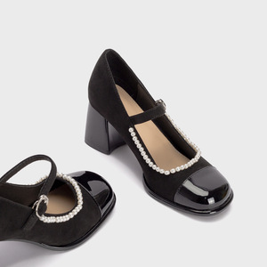 Zapatos de Tacón Alto para Mujer, Estilo Hada, Primavera 2026, Casuales, Punta Redonda, Tacón Cuadrado, Combinables con Todo, con Correa de Hebilla Única y Perlas - Product Image 3