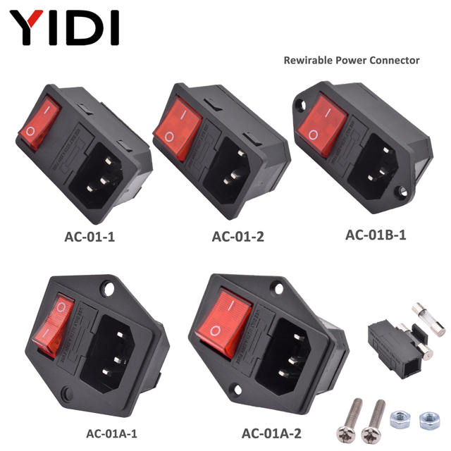 AC-01 3 Pin Electrical Inlet Power Socket 10A 250V Supply Module Adapter Plug Connector with Fuse Red Lamp Rocker Switch
