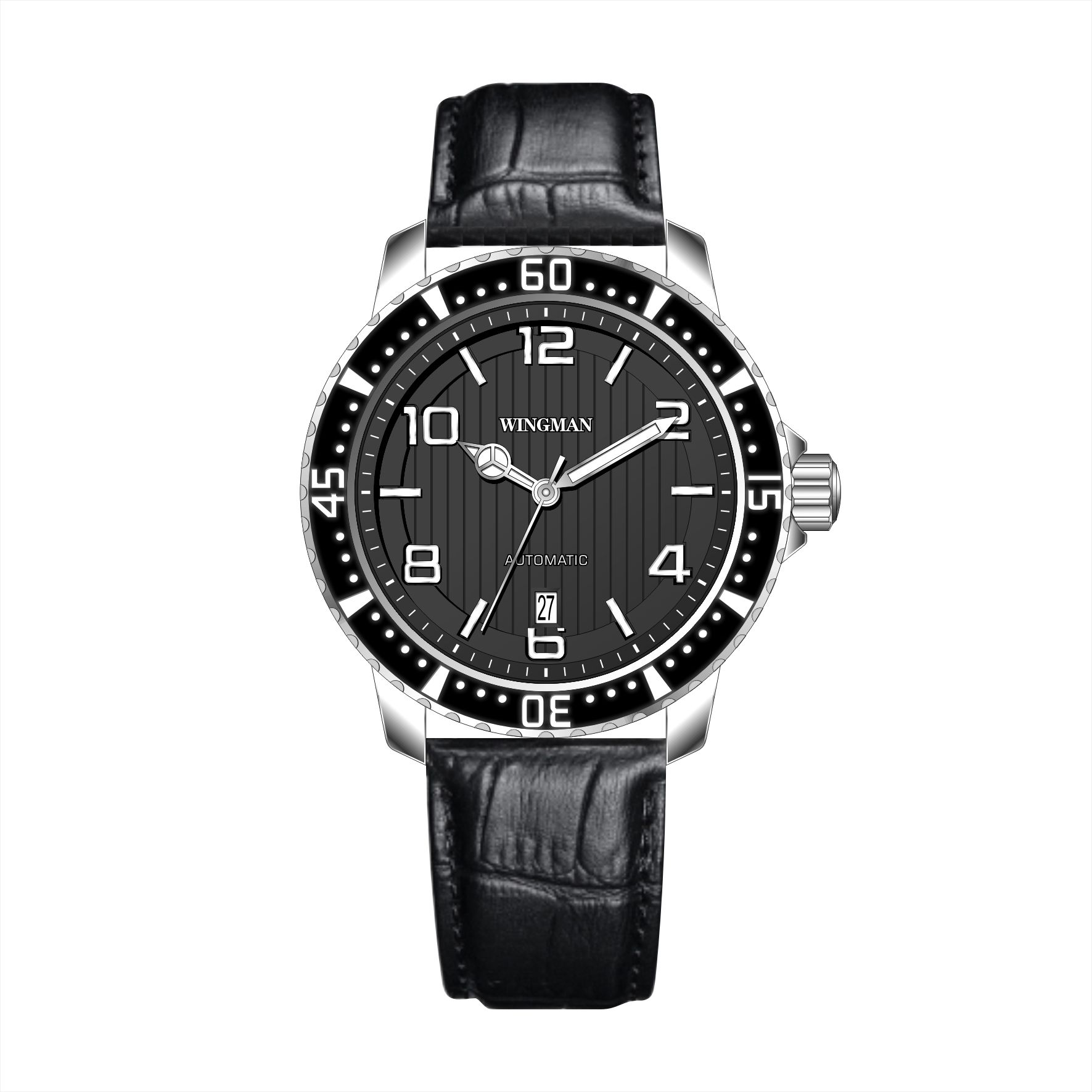 silver case with black face