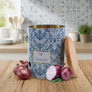 Azulejo-Inspired 5L Food Storage & <b>Container</b> Ø175x225mm Metal Bin with Blue & White Decorative Pattern for <b>Potato</b> Onion Storage - Product Image 3