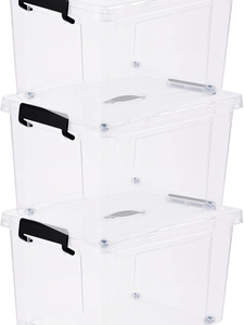 BARGAIN FACTORY 3-Piece <strong>Clear</strong> Plastic Storage <strong>Containers</strong> Lids Clips 43L Capacity Integrated Handles BPA Free English Design - Product Image 1