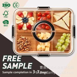 Bamboo divided <b>tray</b> with acrylic transparent lid, suitable for home use, parties, and <b>snacks</b>. - Product Image 5