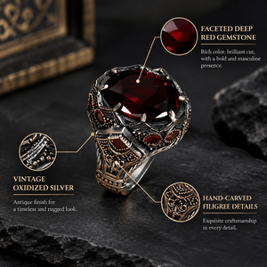 Anello da Uomo Ottomano Turco Vintage Personalizzato OEM, Anello Gotico con Sigillo in Acciaio Inossidabile Bicolore Anticato e Rubino Rosso, Vendita all'Ingrosso - Product Image 1