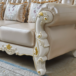 Ensemble de canapés en cuir véritable de style européen, cadre en bois massif, chaise longue sculptée double face, canapé de salon - Product Image 3