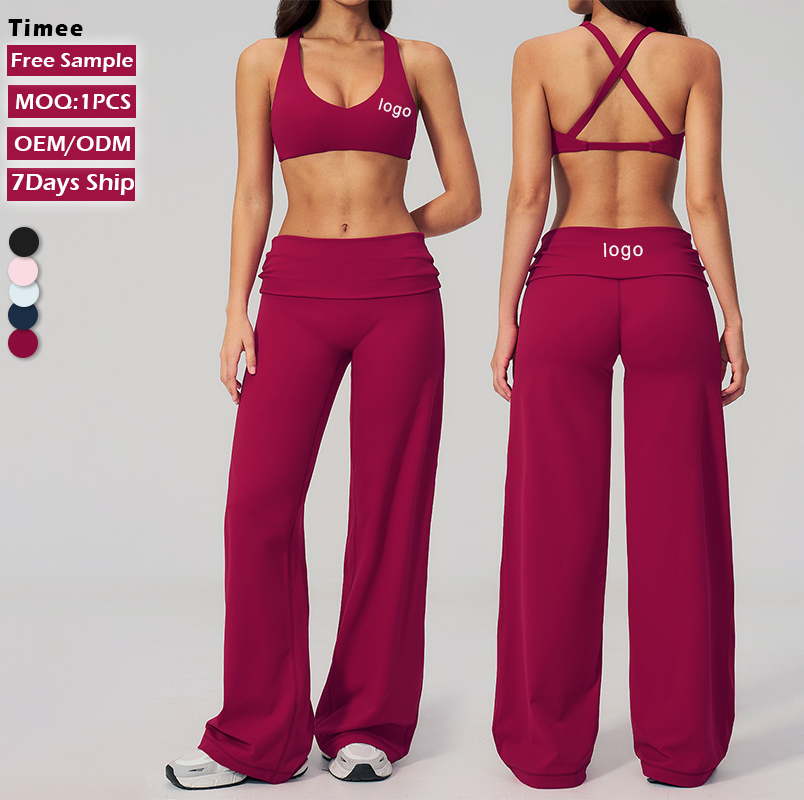 Hot Sale 2 Piece Yoga Set Women Crisscross Straps Sports Bra + Fold Over Waist Wide Leg Pants Quick Dry Workout Outfit