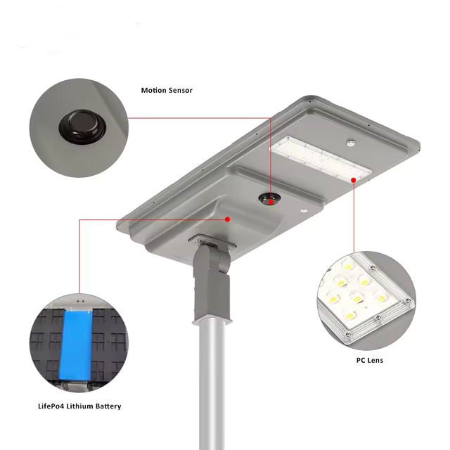 30W 50W 70W 90W All in One Solar Street Light with Die Cast Aluminum Housing and Tempered Glass