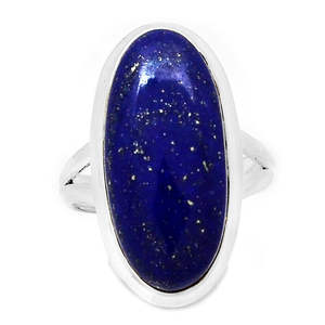 Bague fine ovale élégante en argent sterling 925 massif avec grand lapis-lazuli semi-précieux et sertissage clos, pierre naturelle - Product Image 1