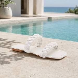 Sandales plates à enfiler pour femme, à bout carré, avec lanières tressées épaisses, rembourrées, tissées, pour l'été et les vacances, avec logo personnalisé OEM - Product Image 3