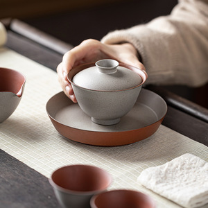 Guanlan Ceramic Gaiwan Gray Pottery Glaze With Lid Round Shape Kung Fu Tea Set Single Household <b>Teacup</b> - Product Image 2