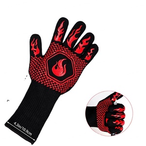 Heat Resistant Safety <b>Gloves</b> Black Red Flame Design Textured PU Knit Wrist 4.3in Anti-Slip Anti-Heat Protection - Product Image 1