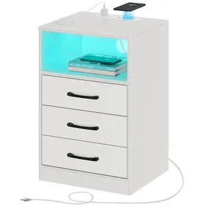 High Quality Multifunctional Bedroom Modern MDF Wood White 3 Drawer Bedside Table Nightstand With Light And Wireless Charger