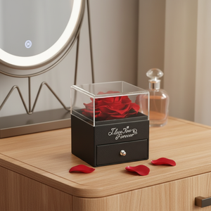 Scatola Portagioie Artigianale con Rosa Stabilizzata e Cassetto Porta Collana, Personalizzabile in Diverse Lingue, Fiore Eterno per Regalo di San Valentino e Festa della Mamma - Product Image 1
