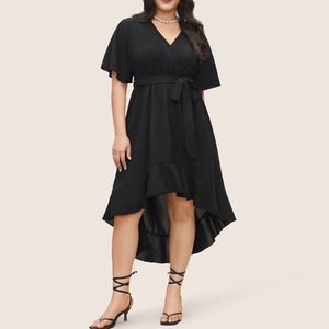 Venta al por mayor de gran tamaño de las mujeres Midi vestido negro sólido patrón alto bajo Streetwear volantes fajas decoración hecha sostenible Spandex - Product Image 2