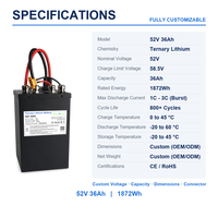 Pack de batteries lithium-ion personnalisé 52V 36Ah 1872Wh NMC avec BMS pour vélo électrique, trottinette électrique et moto électrique