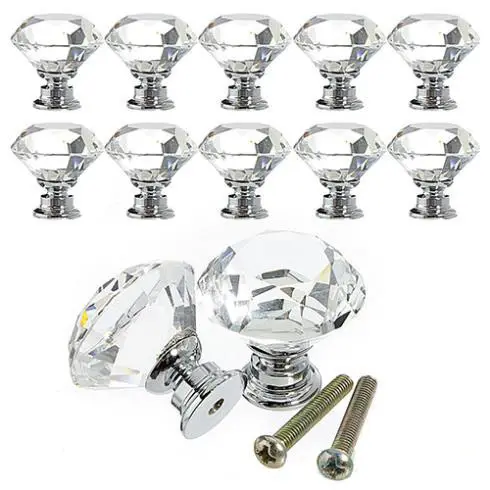 Zilver Keuken Handles Glas Crystal Diamond Keukenkast Handgrepen Acryl Plastic Kast Knop Bal Handgrepen Met Diamant