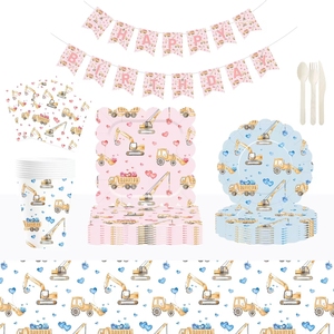 DAMAI INS - Juego de Vajilla Desechable de Papel con Diseño de Camión Azul y Rosa para Fiestas de Cumpleaños, Platos, Vasos y Servilletas - Product Image 2