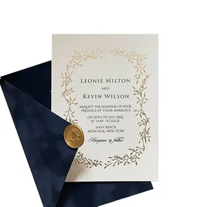 New Styles Letterpress Gold Foiling Paper Wedding Invitation Card With Blue Velvet Envelope Custom Embossed Letterpress Wedding