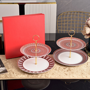Plateau à dessert à 2 niveaux en porcelaine fine, motif floral ou géométrique, idéal pour la décoration et la présentation de table - Product Image 1