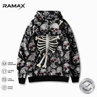 Sweat à capuche zippé RAMAX Skeleton Skull pour homme, en coton épais, imprimé intégral, style streetwear Y2K, coupe oversize, vente en gros, fournisseur d'usine
