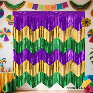 Karnevalsfestbanner Girlande Lila Gold Grün Wellenmuster PET für Innenbereich Vorhang Flagge New Orleans Party Hintergrund Neuheit Heißer Verkauf - Product Image 1