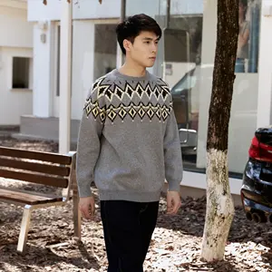 Custom Mens Clothing Woolen Cashmere Pullover Knit Crew Neck Mens Cable Knit Sweater Grey Jumper