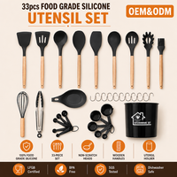 Ensemble de 33 ustensiles de cuisine en silicone avec support, kit d'accessoires de cuisson antiadhésifs avec manche en bois pour la cuisine à domicile, vente en gros OEM