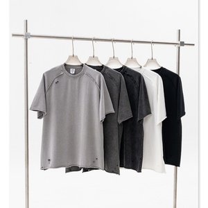 Camiseta de manga corta para hombre, estilo americano de verano, 100% algodón, 330G, con efecto lavado y teñido con cera, con acabado desgastado y puños enrollados, talla grande - Product Image 1