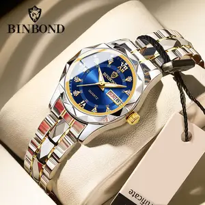 BINBOND 2024 יוקרה אופנה Ms קוורץ שעון עסקי טונגסטן פלדת לוח שנה כפול שעונים עמיד למים תאריך זוהר שעון שבוע