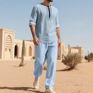 Ensemble décontracté en lin pour homme : chemise Henley à manches longues et pantalon ample bleu clair pour le quotidien, style plage estival - Product Image 1