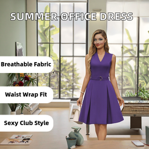 Robe de bureau élégante pour femme, violette, col en V, sans manches, coupe trapèze, avec ceinture, longueur mi-mollet, en satin tricoté uni, respirante, pour l'été - Product Image 2