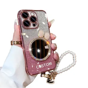 Koreaanse Luxe Glitter Bling Kristal Diamant Spiegel Telefoon Hoesje Voor Iphone 15 Pro 14 13 Max Met Parel Ketting Armband Telefoonhoes