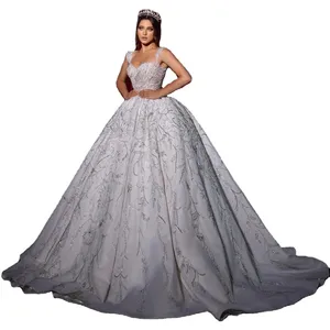 2024 Elegant Beaded Cross Lace Luxury Wedding Dress ball gown Bridal Wedding Dress Most amazing Lace Bride Dress for Women
