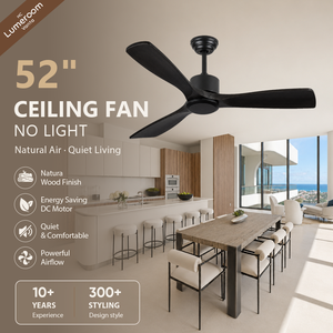 Ventilateur de plafond en bois massif noir de 52 pouces sans lumière, 3 pales avec télécommande, moteur DC silencieux et réversible pour salon et chambre à coucher - Product Image 1