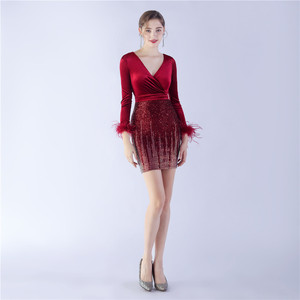 31338 # Comercio Exterior 2024 Nuevo Camello Pajaro Pelo Perlas Terciopelo Costura Cadera-envolto Manga Larga Corto Vestido - Product Image 5