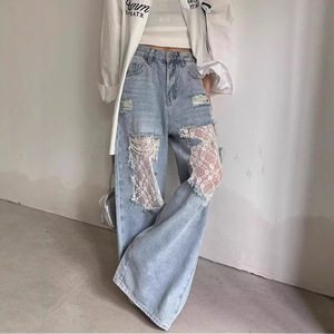 Jean en denim grande taille à empiècements en dentelle, taille haute, coupe large, déchiré, respirant et fluide, idéal pour l'été - Product Image 2