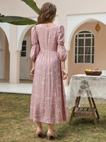 Boho Ditsy Floral couvert col en V bouton trois quarts évêque manches taille haute une ligne longue Maxi robe 2021 robes pour les femmes