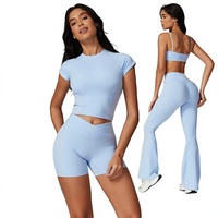 Ensemble de yoga et de sport 2 pièces écologique en tissu recyclé, séchage rapide, uni, à manches courtes, pour la course et le fitness