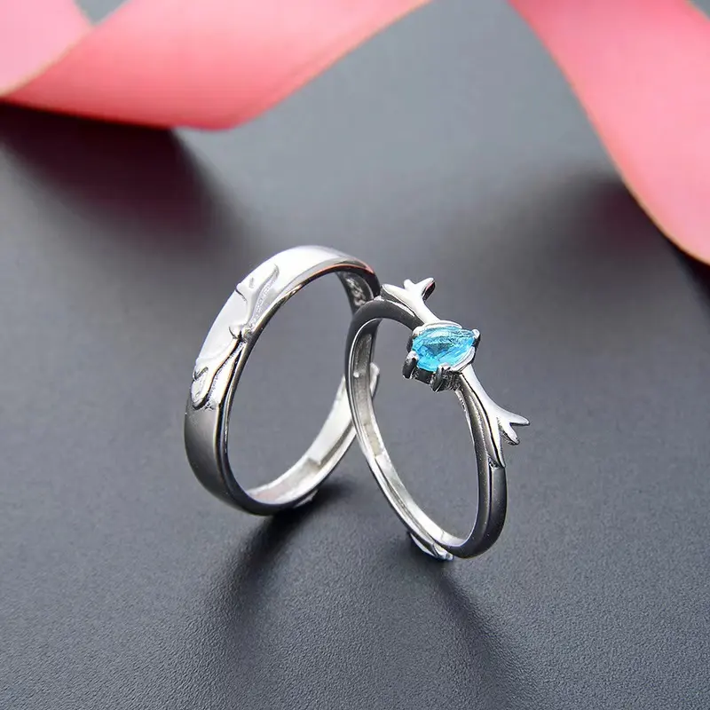 Dropshipping 커플 반지 선물 조절 S925 실버 로맨틱 그와 그녀의 세트 기념일 심장 디자인 약혼 루비