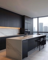 Îlot de cuisine modulaire en contreplaqué, modules sans poignées, plan de travail en surface solide, crédence, design moderne, évier inclus, personnalisable