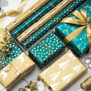 Eco-Friendly Recyclable Custom Metallized Art <b>Paper</b> Gift <b>Wrap</b> <b>Roll</b> Reindeer Polka Dot Pattern Gold Stamp Double-Sided Packaging - Product Image 5