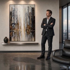 Pintura Abstracta Impresa en Lienzo con Diseño del Horizonte Urbano Metropolitano en Plata y Oro para Decoración de Oficinas, Hoteles, Vestíbulos y Entradas - Product Image 1