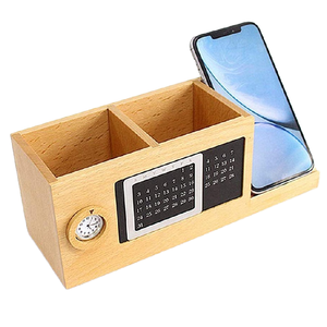 Portalápices de escritorio tipo soporte, caja de almacenamiento multifuncional para mesa, 2 compartimentos, organizador de escritorio de madera creativo, calendario - Product Image 1