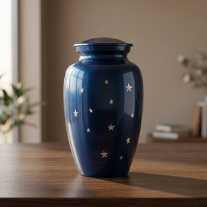 Urna Funeraria con Patrón de Estrella Azul, Florero Conmemorativo con Tapa, Recuerdo, Urna Crematoria de Diseño Personalizado - Artesanía India - Product Image 3