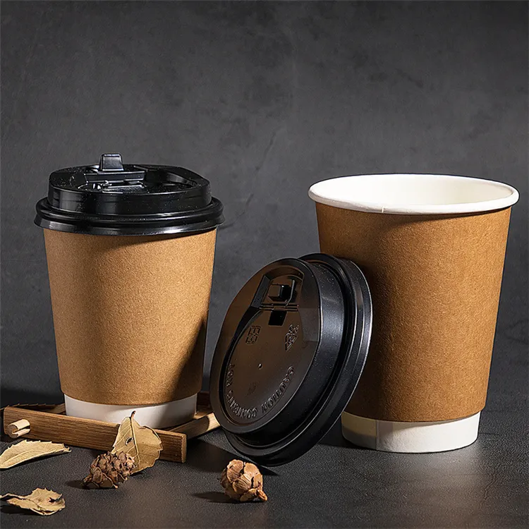 Tazas de papel desechables 100% biodegradables, 8oz, impresión personalizada, doble pared, papel negro, taza de café para bebidas calientes