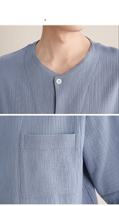 Hot Selling <strong>Men's</strong> Solid Color Cotton Two Piece <strong>Set</strong> With Shirt and <strong>Shorts</strong> Customize <strong>Pyjamas</strong> - Product Image 4