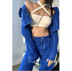 Roupa das mulheres Terno Jaqueta Jeans Duas Peças Conjunto Personalizado Mulheres Terno de Brim Das Senhoras Calças de Brim Calças - Product Image 3