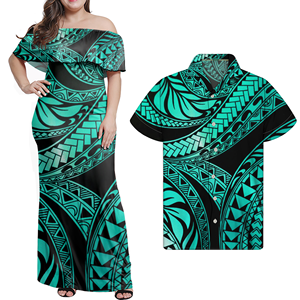 Blauwe Paar Kleding Set Dames Western Paar Kleding Polynesische Tribal Design Vrouwen Off Shoulder Jurken Bijpassende Mannen Shirt - Product Image 4