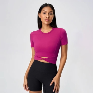 T-<span class=keywords><strong>shirt</strong></span> de sport décontracté à manches courtes pour <span class=keywords><strong>femme</strong></span>, torsadé, amincissant, de haute qualité, pour le yoga et le fitness - Product Image 4