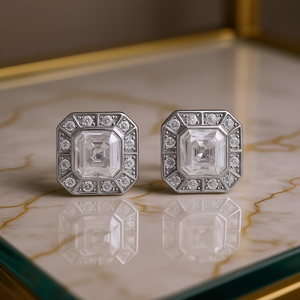 Orecchini in Oro Bianco con Diamanti Taglio Asscher Colore D Naturali Certificati GIA Gioielli Classici da Sposa per Donna - Product Image 2