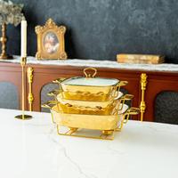 Ensemble de 3 réchauds en céramique martelée dorée avec couvercle en verre et support chauffant doré, chauffe-plats rectangulaire pour buffet et traiteur